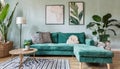 Stylish scandinavian living room interior with design mint sofa, furnitures, mock up poster map, plants, and elegant personal Royalty Free Stock Photo