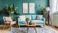 Stylish scandinavian living room interior with design mint sofa, furnitures, mock up poster map, plants, and elegant personal Royalty Free Stock Photo