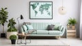 Stylish scandinavian living room interior with design mint sofa, furnitures, mock up poster map, plants, and elegant personal