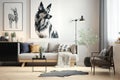 Stylish and scandinavian living room interior of modern apartment with gray sofa, design wooden commode, black table, lamp,