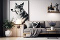 Stylish and scandinavian living room interior of modern apartment with gray sofa, design wooden commode, black table, lamp,