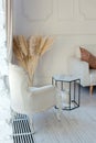 Stylish Scandinavian modern white cozy eco interior in minimalist style. Modern home decor with Pampas grass in vase. Open space. Royalty Free Stock Photo