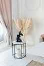 Stylish Scandinavian modern white cozy eco interior in minimalist style. Modern home decor with Pampas grass in vase. Open space. Royalty Free Stock Photo