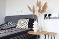 Stylish Scandinavian modern white cozy eco interior in minimalist style. Modern home decor with Pampas grass in vase. Open space. Royalty Free Stock Photo