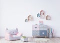 Stylish Scandinavian newborn baby room with toys. Modern interior with empty background walls