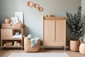 Stylish scandinavian newborn baby room with wooden cabinet, toys, children's chair, natural basket Modern interior