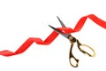 Stylish scissors and red ribbon. Ceremonial tape cutting Royalty Free Stock Photo