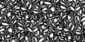 Stylish seamless floral pattern. Nature - flowers, leaves, twigs and berries. Abstract vector black white print. Royalty Free Stock Photo