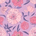 Stylish seamless pattern with beautiful blooming peonies on purple background. Natural backdrop with blooming garden