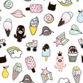 Stylish seamless pattern with cactus, donut, ice cream,rainbow, roller,lips,pear.Doodle trendy background. Vector Illustration.