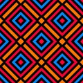 Stylish seamless pattern with decorative ornament of blue, orange, red, and black shades