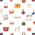 Stylish Seamless Pattern Featuring Leather Bags In Various Designs And Colors, Sewing Machines And Items Royalty Free Stock Photo