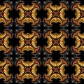 Stylish seamless pattern with golden, bronze and stainless steel decorative elements on black background
