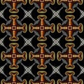 Stylish seamless pattern with golden, silver, bronze and stainless steel decorative elements on black background