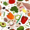 Stylish Seamless pattern with hand drawn red and green vegetables. Flat pepper, tomato, broccoli, onion, mushrooms, yam