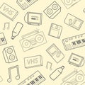 Stylish seamless pattern with old school attributes, electronic devices and music instruments on yellow background. Back
