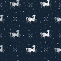 Stylish seamless pattern with running horses and dots in black, white colors Royalty Free Stock Photo