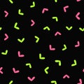 Stylish seamless pattern with scattered bright hearts on dark background.