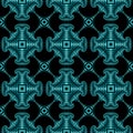Stylish seamless pattern with turquoise metallic decorative elements on black background