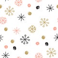 Stylish seamless snowflake pattern. Vector background with hand drawn snowflakes and spots in pastel colors. Royalty Free Stock Photo