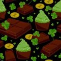Seamless St. Patrick`s day background with clover leaves chocolate bars, green cupcakes, and coins. Vector illustration Royalty Free Stock Photo