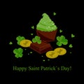 Stylish seamless St. Patrick`s day background with clover leaves chocolate bars, green cupcakes, and coins. Vector illustration Royalty Free Stock Photo
