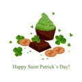 Stylish seamless St. Patrick`s day background with clover leaves chocolate bars, green cupcakes, and coins. Vector illustration Royalty Free Stock Photo