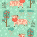 Stylish seamless texture with doodled cartoon cow