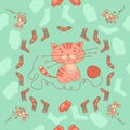 Stylish seamless texture with doodled cartoon kitten and mousy