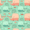 Stylish seamless texture with doodled cartoon whale Royalty Free Stock Photo