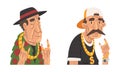 Stylish Senior Man Hipster Wearing Cap and Chain Showing Horn Sign Hand Gesture Vector Set