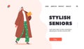 Stylish Seniors Landing Page Template. Old Trendy Grandmother in Elegant Clothes. Modern Elderly Lady Fashionista