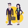 Stylish serious businessman with leather briefcase and elegant slim businesswoman.