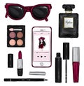 A stylish set of cosmetics and accessories. Sunglasses, lipstick, mascara, eye shadow, lip gloss and pencil. Fashion & Style.