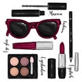 A stylish set of cosmetics and accessories. Sunglasses, lipstick, mascara, eye shadow, lip gloss and pencil. Fashion & Style.