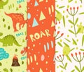 Stylish set to print the background. Orange and green dinosaurs and a volcano. Create a collection of children`s clothing, bed lin