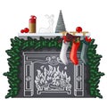 Stylish shelf with New Year and Christmas gifts and drawn of chalk on the wall burning fireplace. Festive interior with