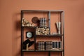 Stylish shelving unit with decorative elements near color wall. Interior design