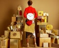 Stylish shopper woman with shopping bag, red heart and clock