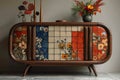 stylish sideboard decorated in a colorful style in the interior