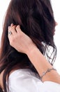 Stylish silver accessory on woman. Bracelet and finger ring. Close-up studio isolated shot of spring jewelry collection