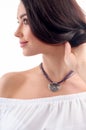 Stylish silver accessory on woman. Necklace with choker on neck. Royalty Free Stock Photo