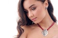 Stylish silver accessory on woman. Necklace with choker on neck