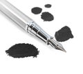 Stylish silver fountain pen and blots of ink on white Royalty Free Stock Photo