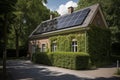 Elegant Solar-Powered Home: Photovoltaic Panels, Tree Shadows & Cobblestone Path