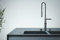 Stylish sink and water faucet tap. Interior of bright modern stylish kitchen. 3d rendering. Minimalism concept.