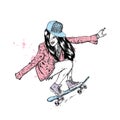 Stylish skater in jeans and sneakers. Skateboard. Vector illustration for a postcard or a poster, print for clothes. Street cultur