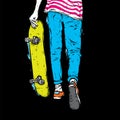 Stylish skater in jeans and sneakers. Skateboard. Vector illustration for a postcard or a poster, print for clothes. Street cultur