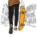 Stylish skater in jeans and sneakers. Skateboard. Vector illustration for a postcard or a poster, print for clothes. Street cultur