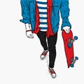 Stylish skater in jeans and sneakers. Skateboard. Vector illustration for a postcard or a poster, print for clothes. Street cultur